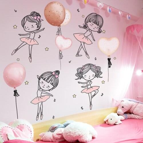 [shijuekongjian] Ballet Dancer Girl Wall Stickers DIY Cartoon Balloons Wall Decals for Kids Room Baby Bedroom House Decoration