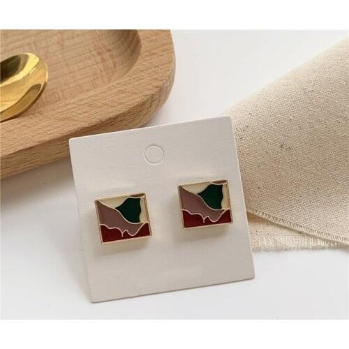Vintage Contrast Color Graffiti Oil Painting Pattern Square Metal Stud Earrings for Women Girls Kids Ear Jewelry Gift Wholesale