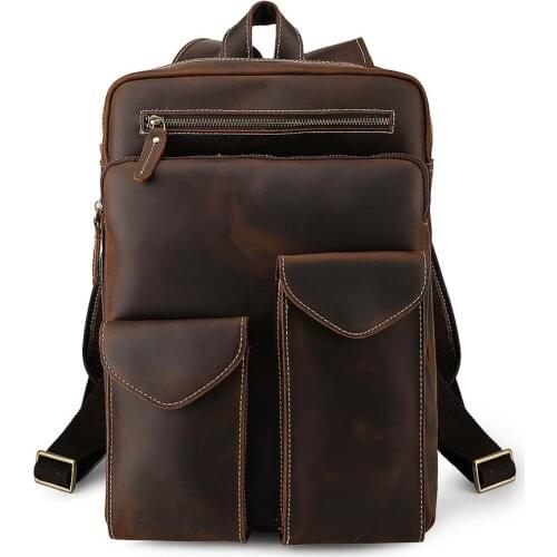 Tiding Thick Handmade Leather Mens Large-capacity Backpack Leisure Travel Bag Retro European and American style Dark Brown 3584