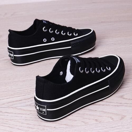 Canvas shoes ladies all black thick-soled 4cm platform shoes black and white casual sports canvas shoes womens shoes