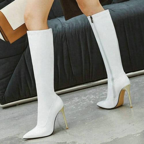 2021 Autumn Winter Women Knee High Boots Patent PU Leather Women Thin High Heel Boots Fashion Pointed Toe Zipper Ladies Shoes
