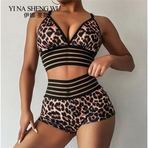 Women Leopard Printed Yoga Shorts High Waist Tight Leggings Fitness Gym Workout Mesh Sport Bra Seamless Sportwear Lady Summer