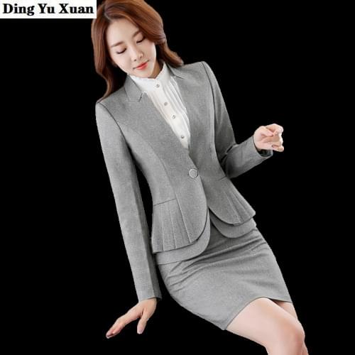 2019 Lady Spring Autumn Slim Fit Tuxedo Blazers Women Work Peplum Suit Jacket Womens Casual Long Sleeve Blazers Black Gray 4XL