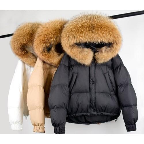 2021 Genuine Raccoon Fur Hooded Winter Duck Down Jacket Women 90% White Feather Filling Hem Adjustable Casual Crop Puffer Coat