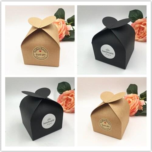 20Pcs 8x8x3.5cm Paper Button Heart Gifts Box With 3.5cm Handmade Thank You Stickers For Packing Jewelry Trinkets Present Cases