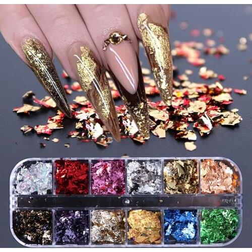 12Grid Gold Foils Gorgeous Nails Glitter Flakes Paillette Chip Aluminum Nail Design Shinny Nail Art Decoration Accessories