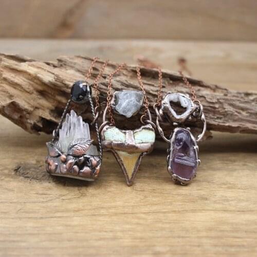 BOHO Shark Tooth Antique Copper Pendants Chains,Healing Energy Crystal Druzy Meditation Bronze Necklace Retro Jewelry,QC3059