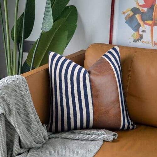 Farmhouse Decorative Throw Pillow Case Faux Leather Accent Wide Striped Patchwork Nordic Square Cushion Cover for Bed