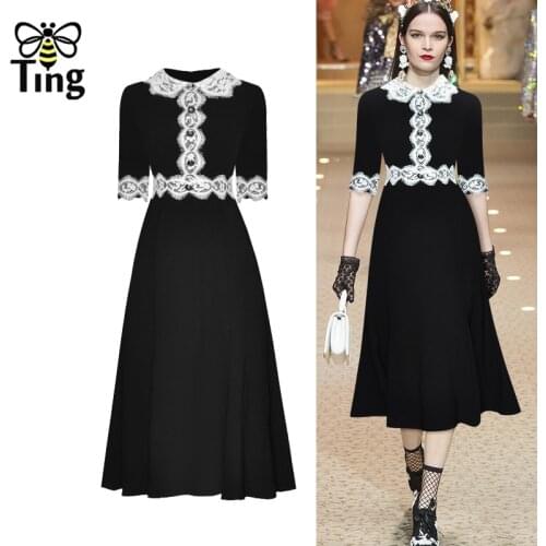Tingfly Runway Designer Luxury Black Party Dinner Dresses Lace Turn Down Collar Button Decor Retro High Waist Midi Long Dress Za