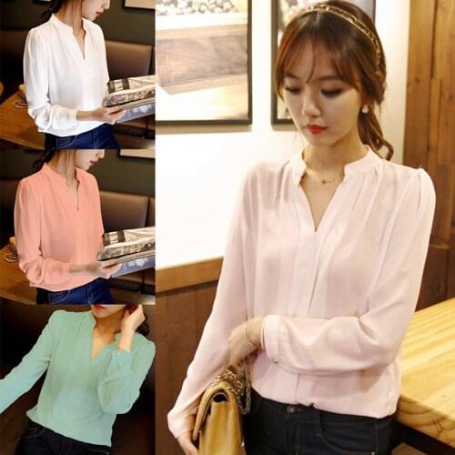 Womens T-Shirt Fashion Solid Shirts Office Lady Workwear Spring Summer Long Sleeve Chiffon Blouse Female Elegant V-Neck Tops