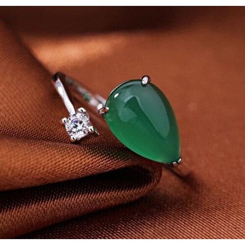 Red Trees Fine Jewelry Green Gemstoness Rings, Real 925 Sterling Silver Rings For Women Wedding Adjustable Size Jades Ring