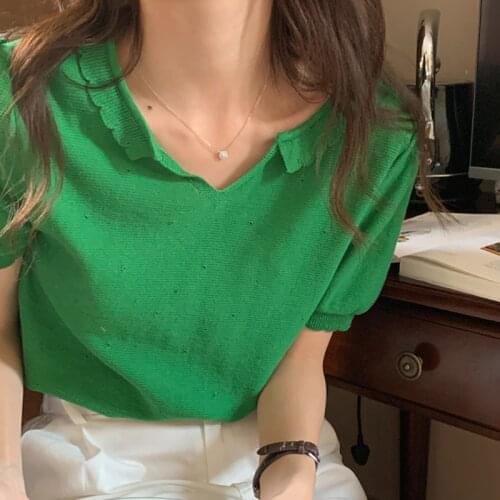 Korea Chic Summer Gentle Candy Color Lace Neckline Pullover Hollow Puff Sleeve Short Knit T-Shirt Women