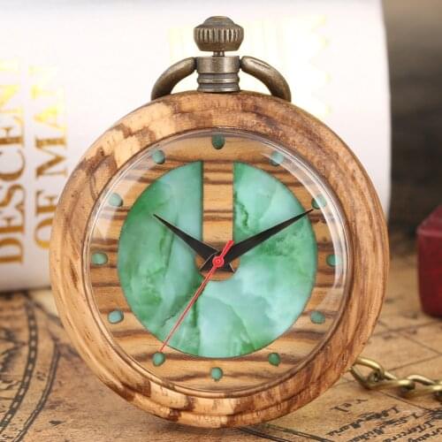 Nice Green Marbling Pattern Dial Pocket Watches Charming Wooden Quartz Pocket Watch for Ladies Light Brown Wooden Case Pendant