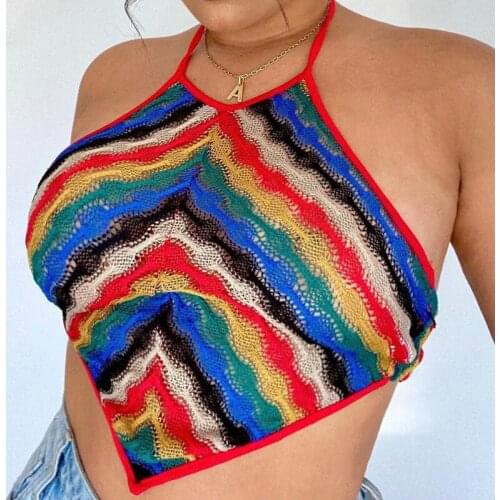 Colorful Knitted Halter Top Sexy Women Backless Tie Up Chest Wrap Crop Top 90s Vintage Cute Party Beach Sweats Cami Streetwear