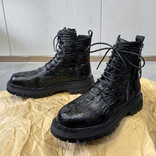 Autumn Winter Crocodile Skin Men Martin Boots Trendy Leather Mens Ankle Boots Zipper Street Cool Casual Men Shoes botas hombre