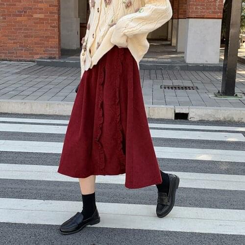 New Autumn and winter Christmas red corduroy skirt high waist red A-line skirt mid-length skirt ruffle long skirts for women