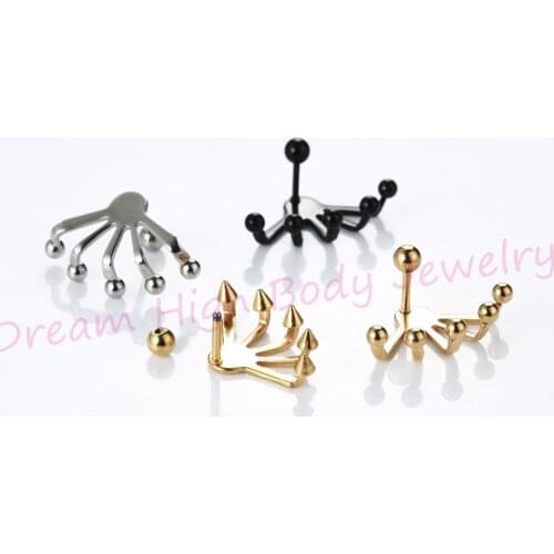 Newest EAR CARTILAGE STUD EARRING Claw connection Siamese Earring 316l Stainless Steel Black Gold Ball Cone Rock Cool