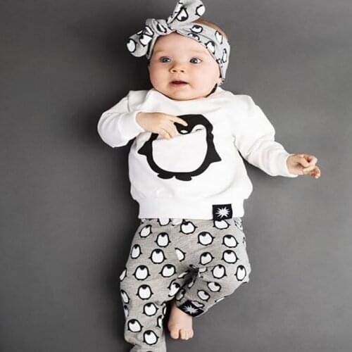 Newborn Baby Girl Clothes Autumn Set Long Sleeved Cartoon Pattern T-shirt Penguin Pants Headband 3Pcs Infant Clothing Outfits
