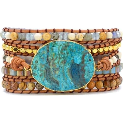 Ocean Blue Stone Bracelet Boho 5X Leather Friendship Wrap Bracelet Bohemia Jewelry Bohemian Bracelet Gold Dropshipping
