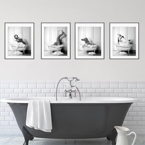 Animals Black and White Elephant Zebra Penguins Giraffe In Bathtub Posters and Prints Canvas Painting Wall Art for Room Decor