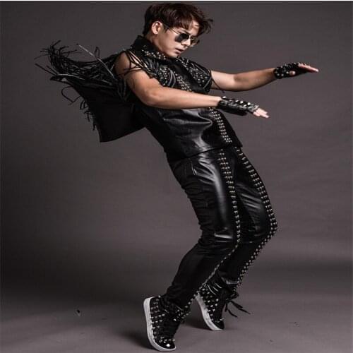 R58 Black Leather clothing male bodysuit singer performance dress wears dj vest tassel prom dance costume bar t-shirt trousers