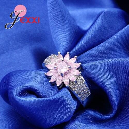 Romantic Pink Crystal Flower Rings for Wedding Accessory Women 925 Sterling Silver CZ Zircon Engagement Ring Jewelry Mujer