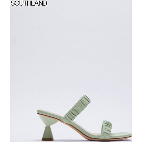 SOUTHLAND Womens Shoes in 2021 New Summer Green Square Toe Fold Womens Slide Sandals Thin High-heeled Sandals French Style