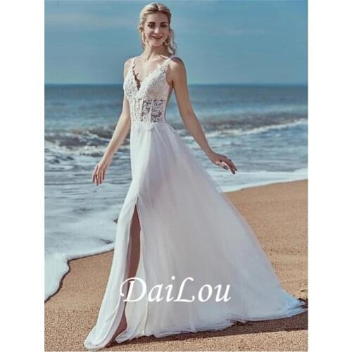 A-Line Wedding Dresses V Neck Sweep / Brush Train Lace Tulle Regular Straps Beach See-Through Backless with Lace 2021