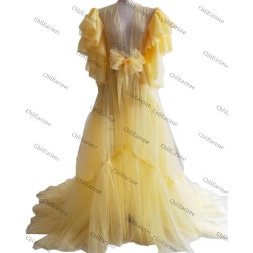 Yellow maternity robe lotus leaf sleeve fairy mesh see-through sexy dress