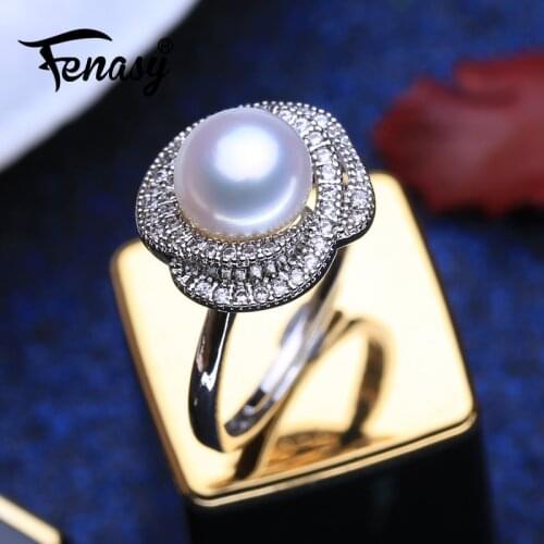 FENASY Natural Freshwater Pearl Rings New Fashion Trendy Fashion Zircon Party Silver Color Adjustable Rings For Women Wholesale