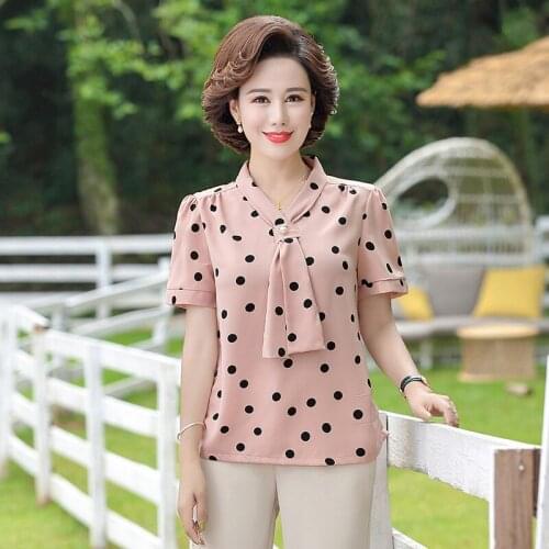 Women Summer Chiffon T-shirts Lady Casual Tie Collar Short Puff Sleeve Chiffon Blusas Tunic Tops Polka Dot 5XL Clothing