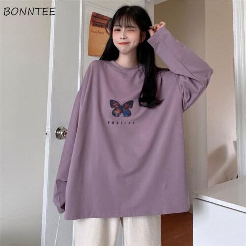 Long Sleeve T-shirts Women Casual Stylish Preppy Girls Korean Newly Loose All-match O-Neck Butterfly-print Kawaii Daily College