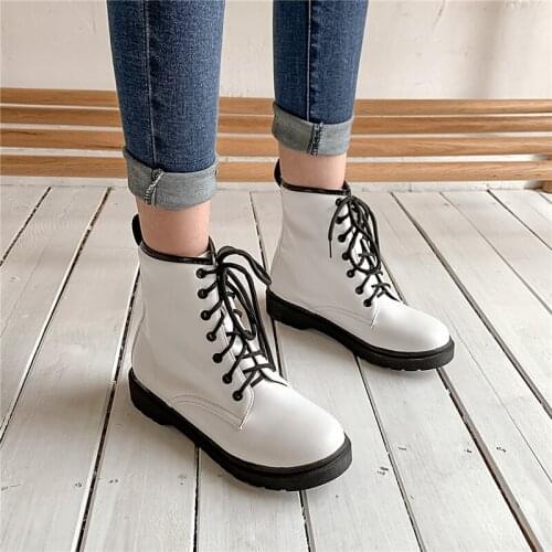 YMECHIC 2019 Vintage Punk Lacing Womens Shoes Low Heel Lace Up Ankle Combat Boots for Women White Black Gothic Cheap Booties