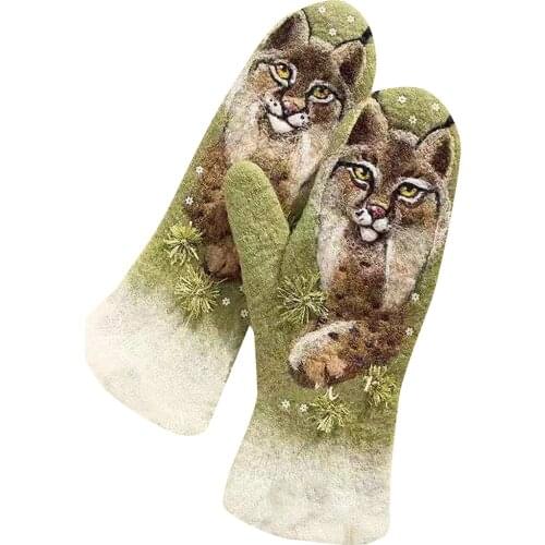 Knitting Mitten Womens Cashmere Padded Color Matching Animal Print Winter Warm Gloves Windbreaker Guantes Elastic Mitten
