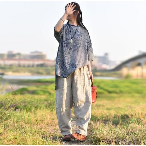 Women 2019 Summer Print Short Sleeve o Neck Irregular Big Size Long Vintage Female Loose Fashion Top YoYiKamomo