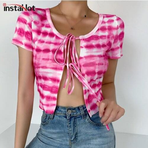 InstaHot Tie Dye Women Crop Top Lace Up Front Short Sleeve Summer T shirt slim Casual Sexy Bandage t shirt Elegant 2020 Tee Top