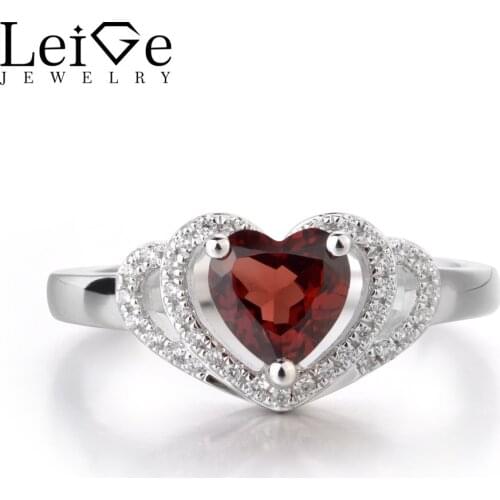 Leige Jewelry Natural Red Garnet Ring Anniversary Gifts For Girls Heart Shape 1.13 carats Genuine Gemstone 925 Sterling Silver
