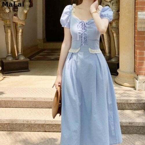 Puff Sleeve High Waist Retro Dress 2021 Summer New Elegant Female Clothes Designer Korean Women Square Collar A-line Long Dress