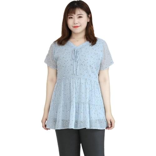 4XL To 10XL Plus Size Blouses Floral Print V-neck Casual Summer Shirts Short Sleeve Elegant Chiffon Womens Tops T61019