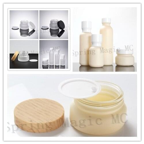 50PCS 50G Frosted Glass Bottles Eye Cream Jar with Black/Wood grain/White Lid Empty Essence Glass Jars Skin Care Containers