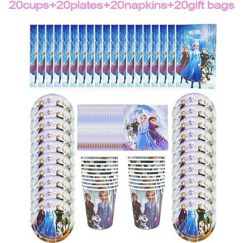 80pcs Cartoon Disney Frozen Disposable Tableware kids Birthday Party Paper Cups +Plates+Napkins+Giftbags Sets Party Supplies