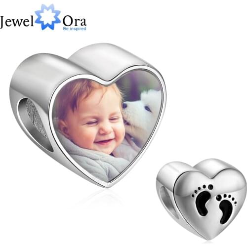 Personalized Baby Feet Heart Charms Beads Fit Bracelet Necklaces DIY Custom Photo Beads for Jewelry Making (JewelOra AS101983)