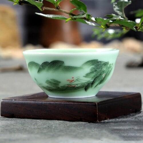 40ml Celadon Chinese Kung Fu Tea Cup Lotus Seed/Landscape Pu'er Cups Hand-painted Ceramic Embossed Carp Small Fish Teacups