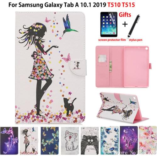 Tablet Case For Samsung Galaxy Tab A 10.1 2019 T510 T515 SM-T510 SM-T515 Cover Funda Fashion Girl Cat Flip Stand Skin Capa +Gift