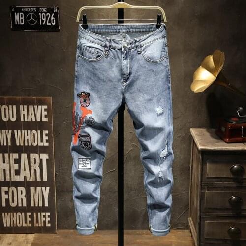 European Men dsq Brand Slim Jeans Denim Trousers Stretch Blue Patchwork Hole Pants For Men Ripped Jeans Embroidery holes very