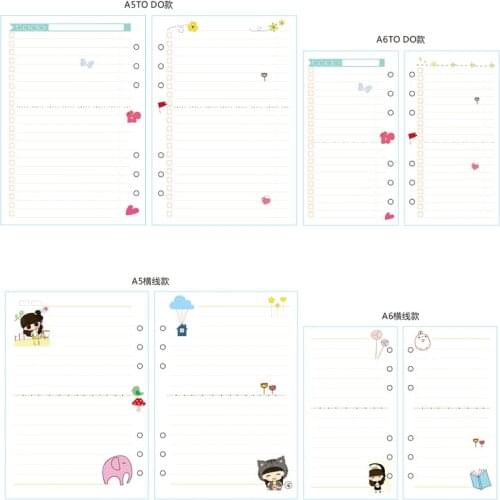 Cute cartoon 6 holes school inner paper core for spiral notebook,candy student planner organizer replacement paper 8 kinds A5 A6