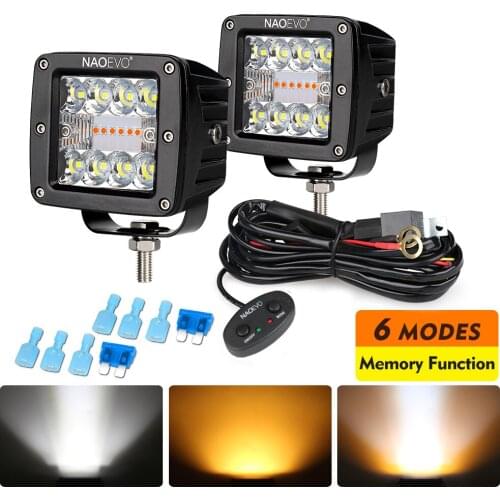NAO 3inch LED Square Light Bar Off Road Work Lighting 2 Color 6 Modes Amber White 72W 8000Lm for Truck SUV ATV UTV Driving Lamp