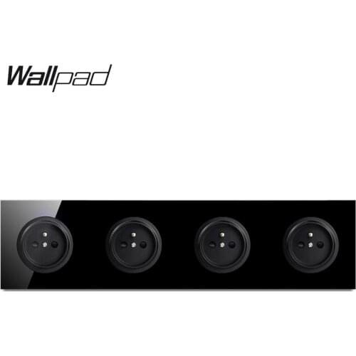 Wallpad L6 Black Tempered Glass Quadruple Frame French Wall Socket 4 Gang Electrical Power Outlet 16A Round Design