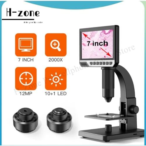 Newest 12MP HD 7-inch IPS screen 2000x digital industrial dual-lens microscope with 11 LED lights for microbial observation