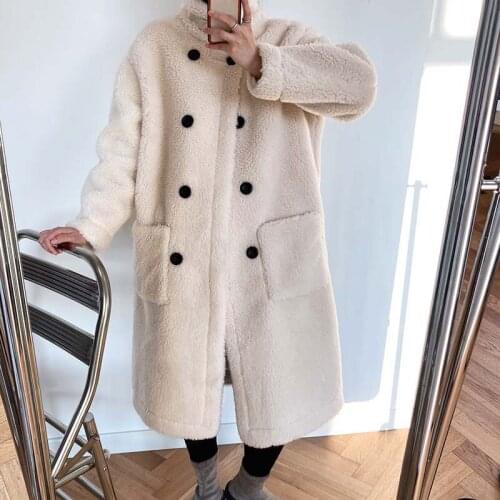 2021 New Winter Vintage Women Lambswool Coat Long Sleeve Thick Warm Long Coat Loose Casual Jacket Double breasted Chic Overcoat
